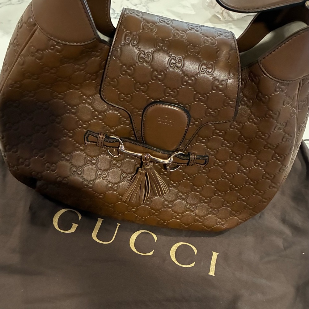 Gucci Embossed Brown Leather Hobo Bag. Size 14.5x13 Tall.
